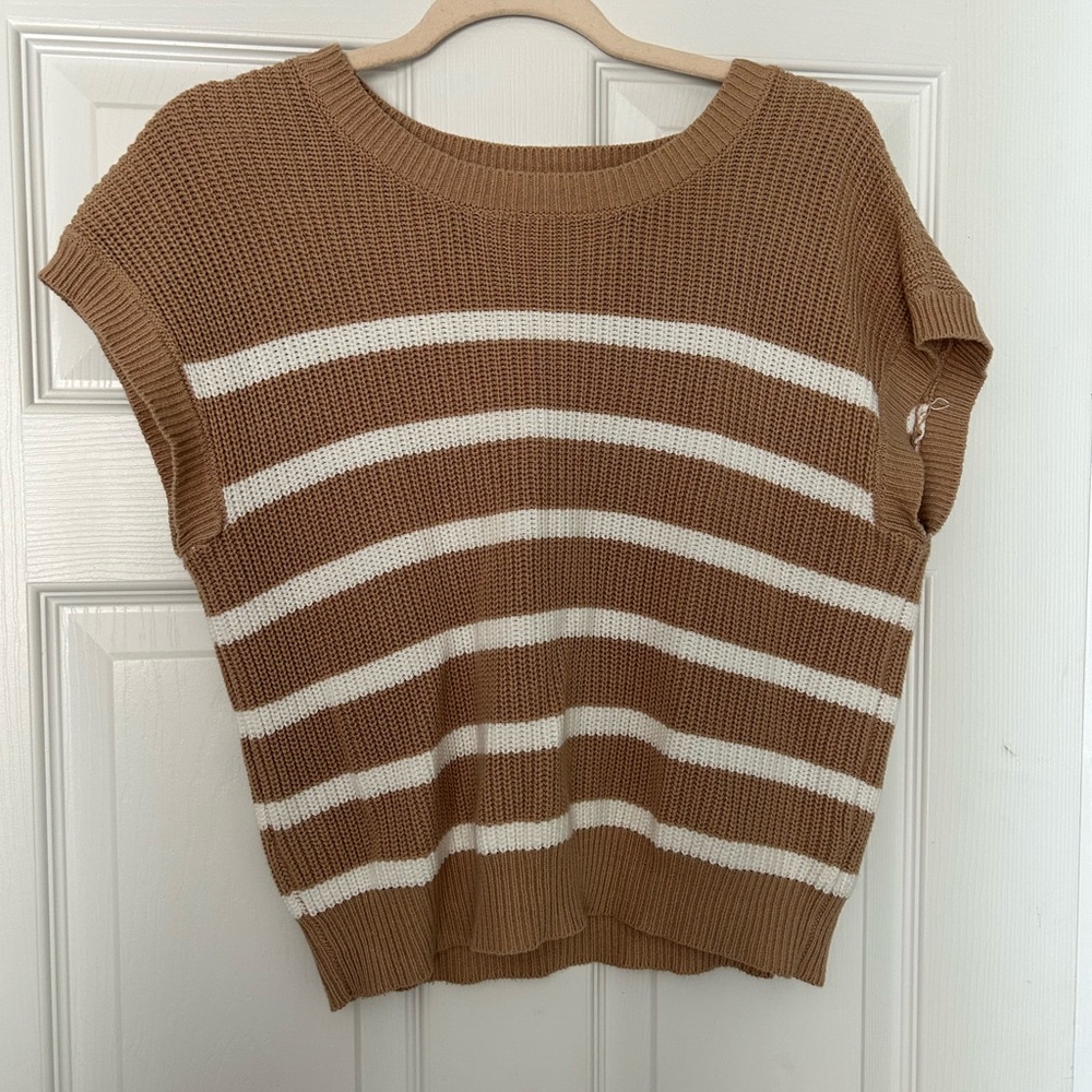 Jessica Simpson Tan and White Striped Knit Sweater Vest